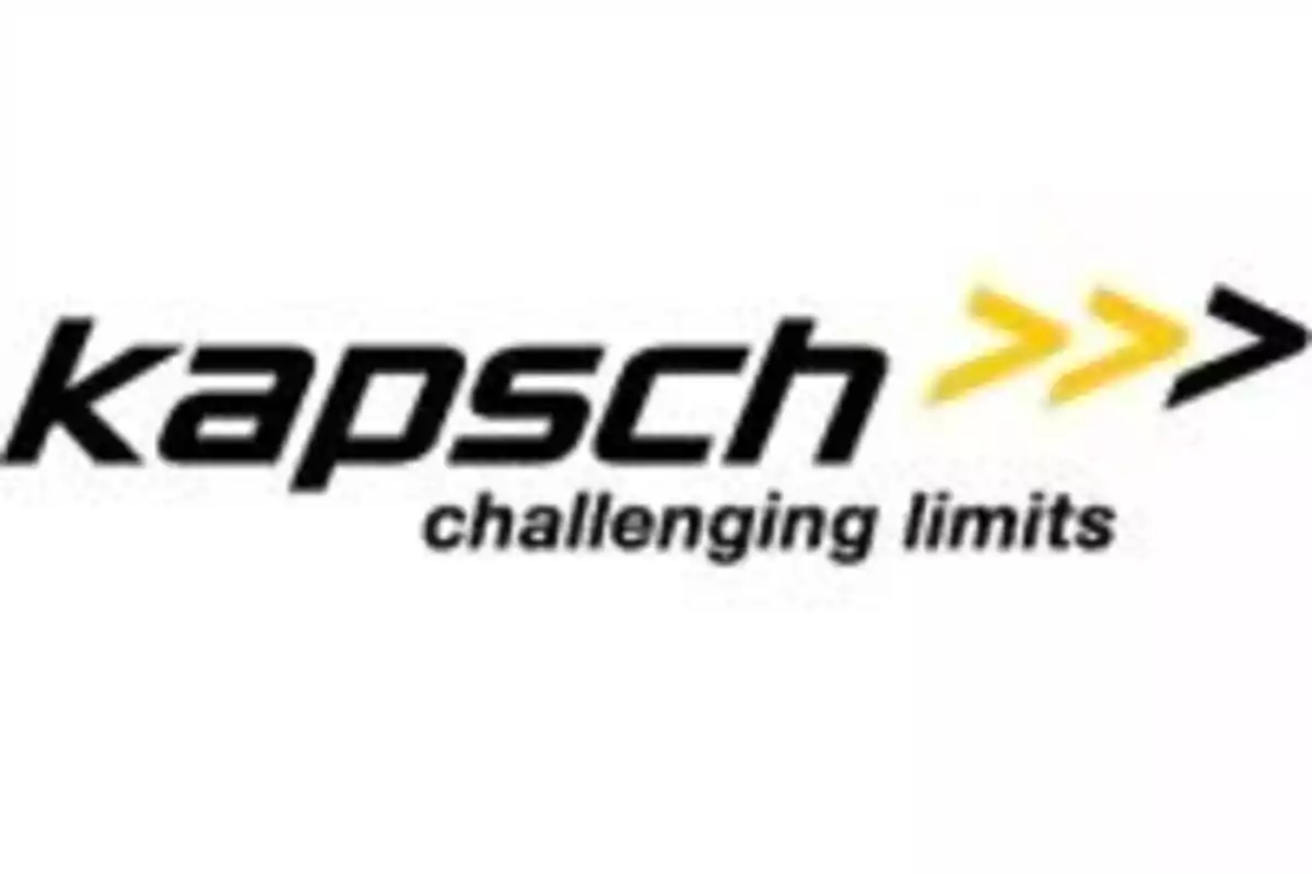 Logotipo de Kapsch con el lema "challenging limits" y flechas amarillas.