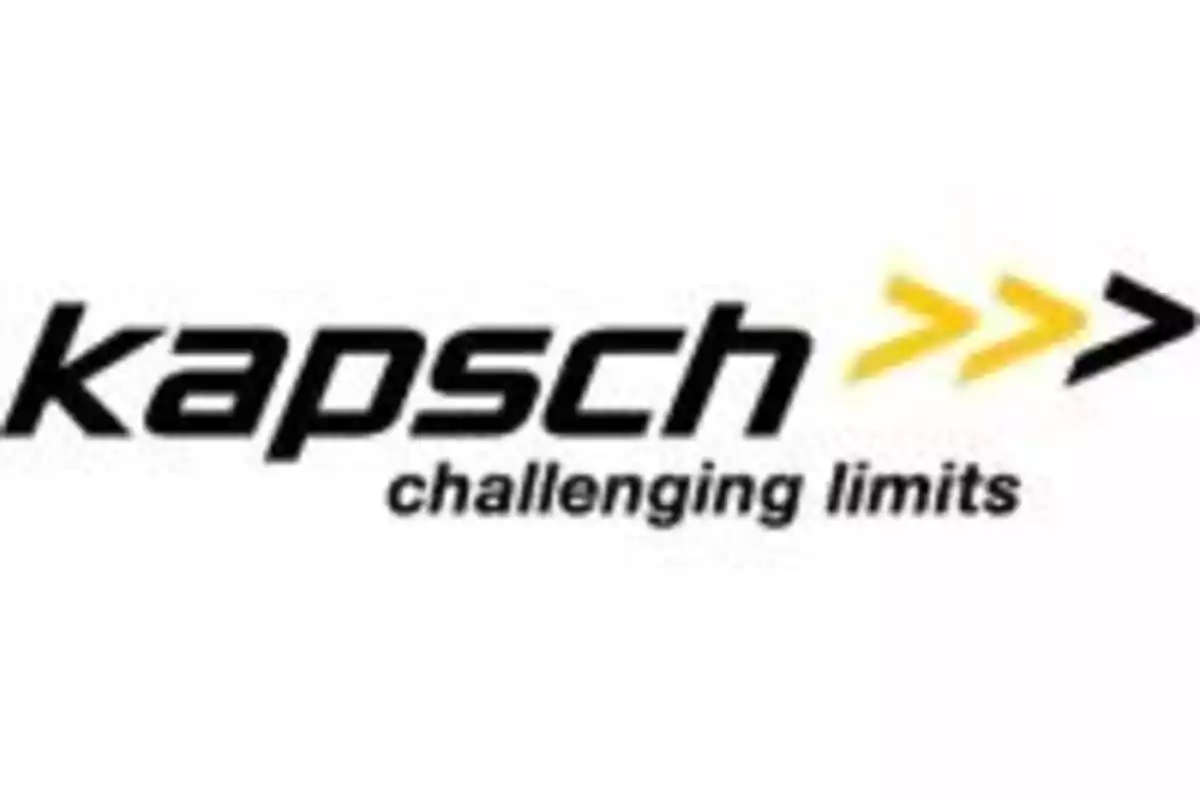 Logotipo de Kapsch con el lema "challenging limits" y flechas amarillas.