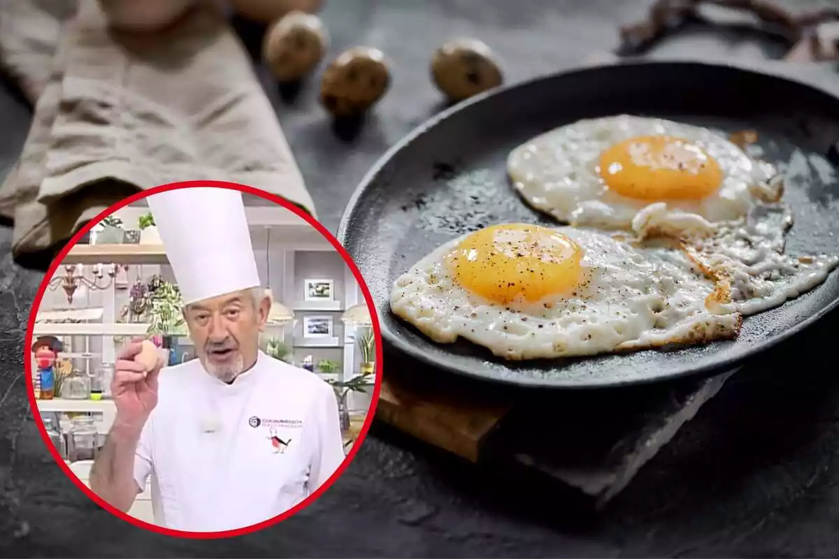 Imagen de fondo de dos huevos fritos en un plato y una imagen de Karlos Arguiñano con un huevo en la mano
