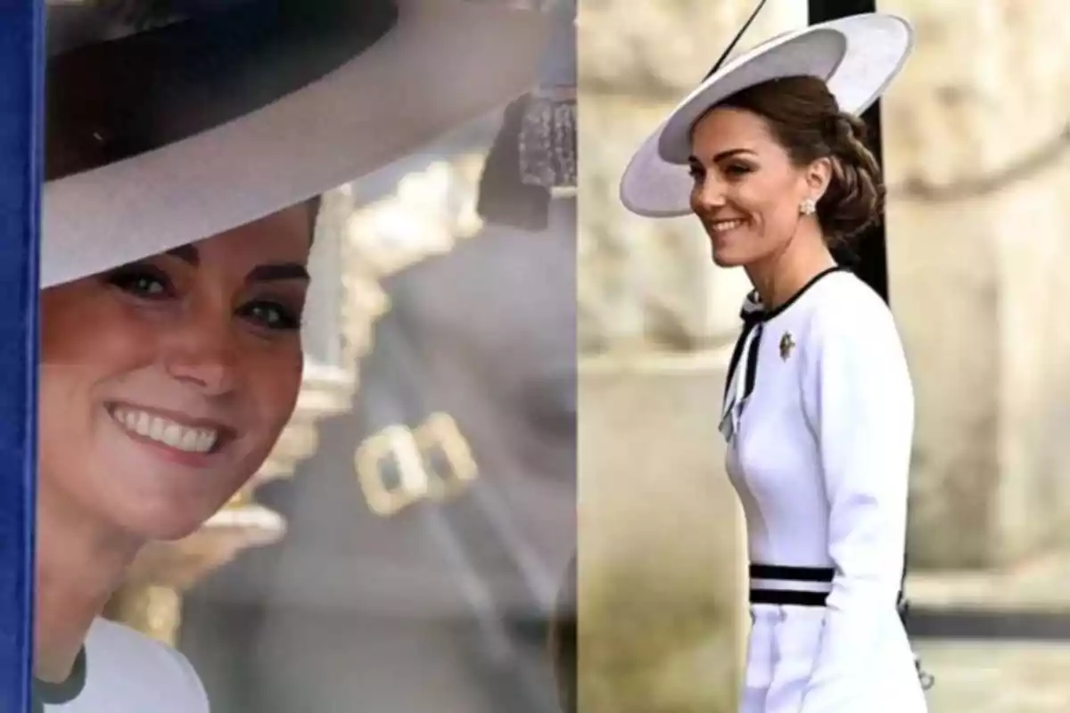 Mujer sonriente con sombrero blanco y vestido blanco con detalles negros, vista en dos ángulos diferentes.