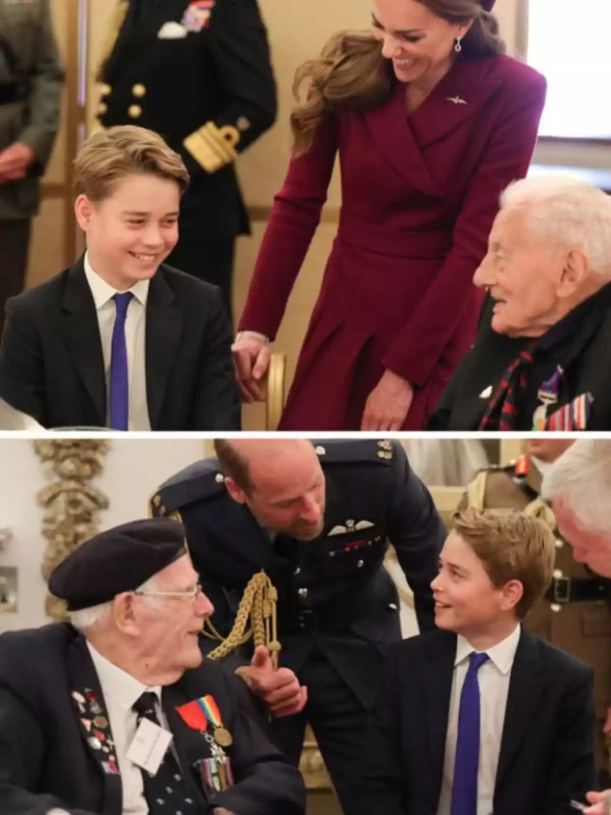 A boy in a blue suit and tie smiles while talking with veterans and formally dressed adults at an official event. A boy in a blue suit and tie smiles while talking with veterans and formally dressed adults at an official event.
