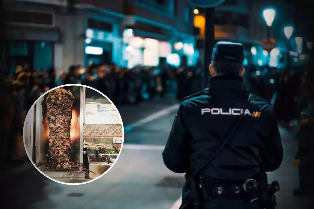 Un policía observa una multitud en la calle por la noche con una imagen insertada de un trompo de carne en un restaurante.