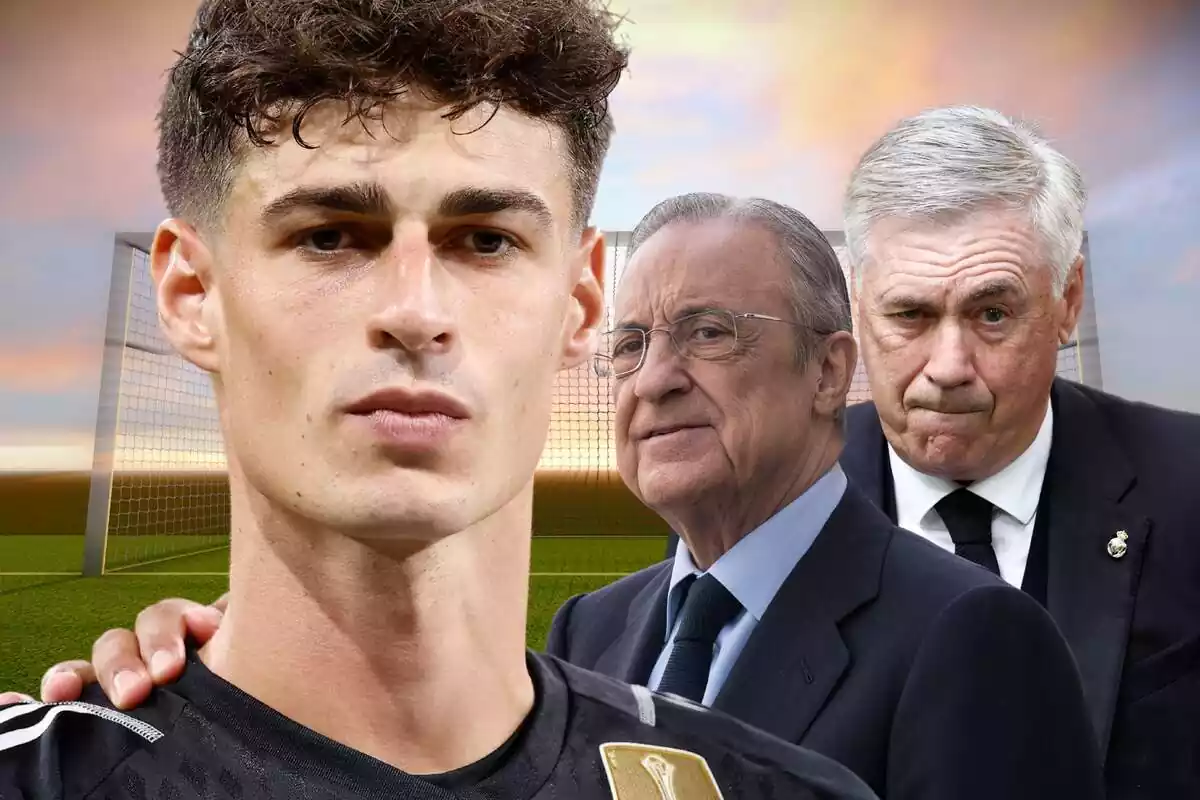 Kepa Arrizabalaga junto a Carlo Ancelotti y Florentino Pérez