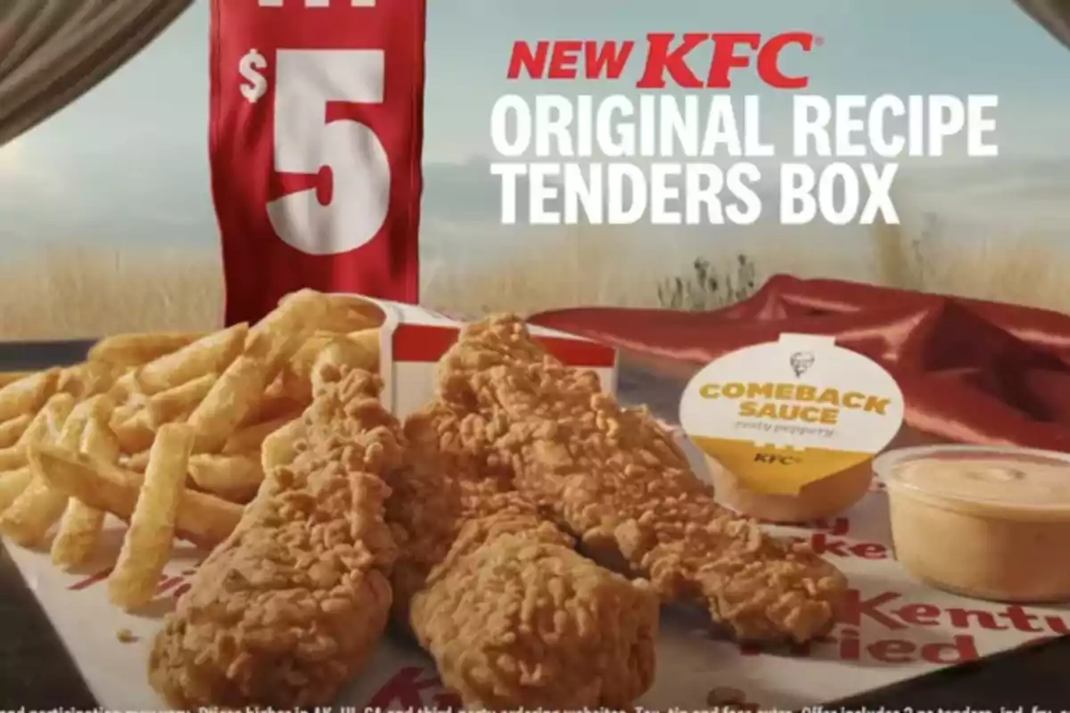 Imagen de una promoción de KFC que muestra un combo de tenders de pollo, papas fritas y salsas, con un cartel que indica un precio de 5 dólares. Imagen de una promoción de KFC que muestra un combo de tenders de pollo, papas fritas y salsas, con un cartel que indica un precio de 5 dólares.