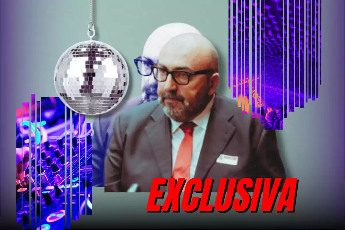 Un hombre con gafas y barba en un traje oscuro y corbata roja aparece en un collage con una bola de discoteca y elementos de luces de neón con la palabra "EXCLUSIVA" en letras rojas.