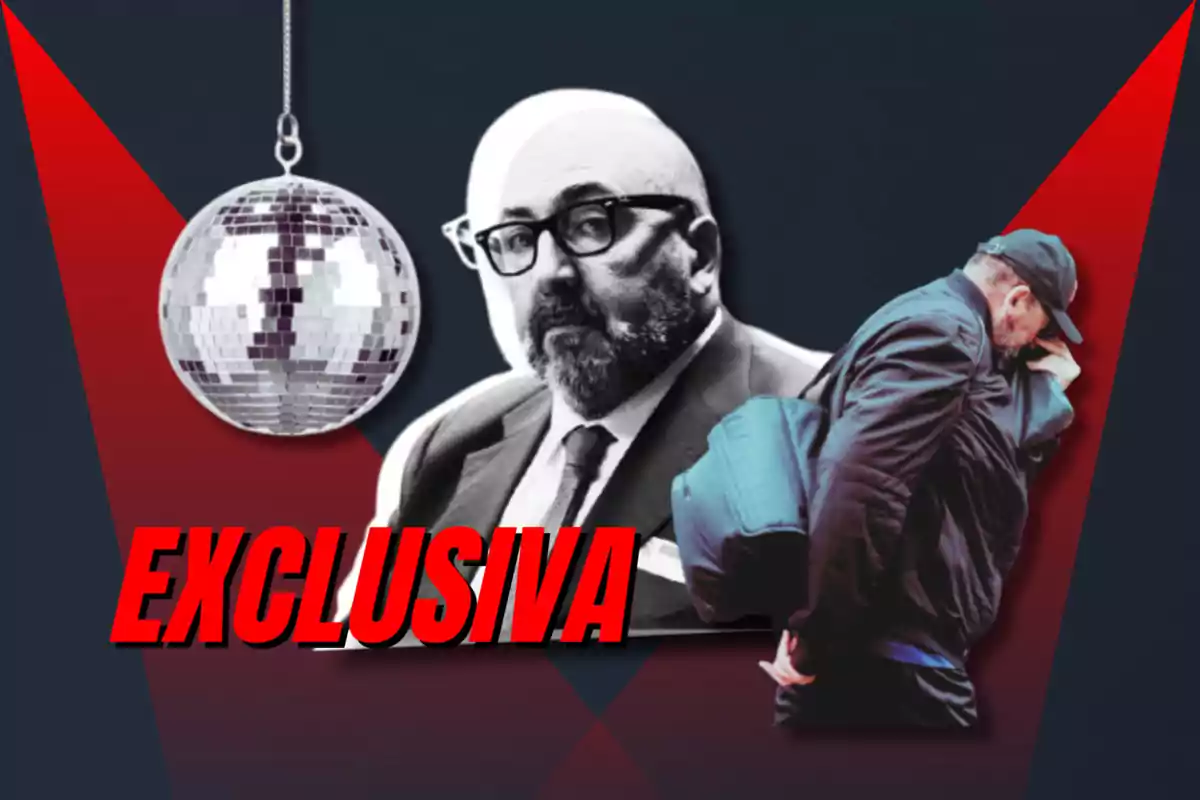 Un hombre con gafas y traje junto a una bola de discoteca y la palabra "EXCLUSIVA" en letras rojas.