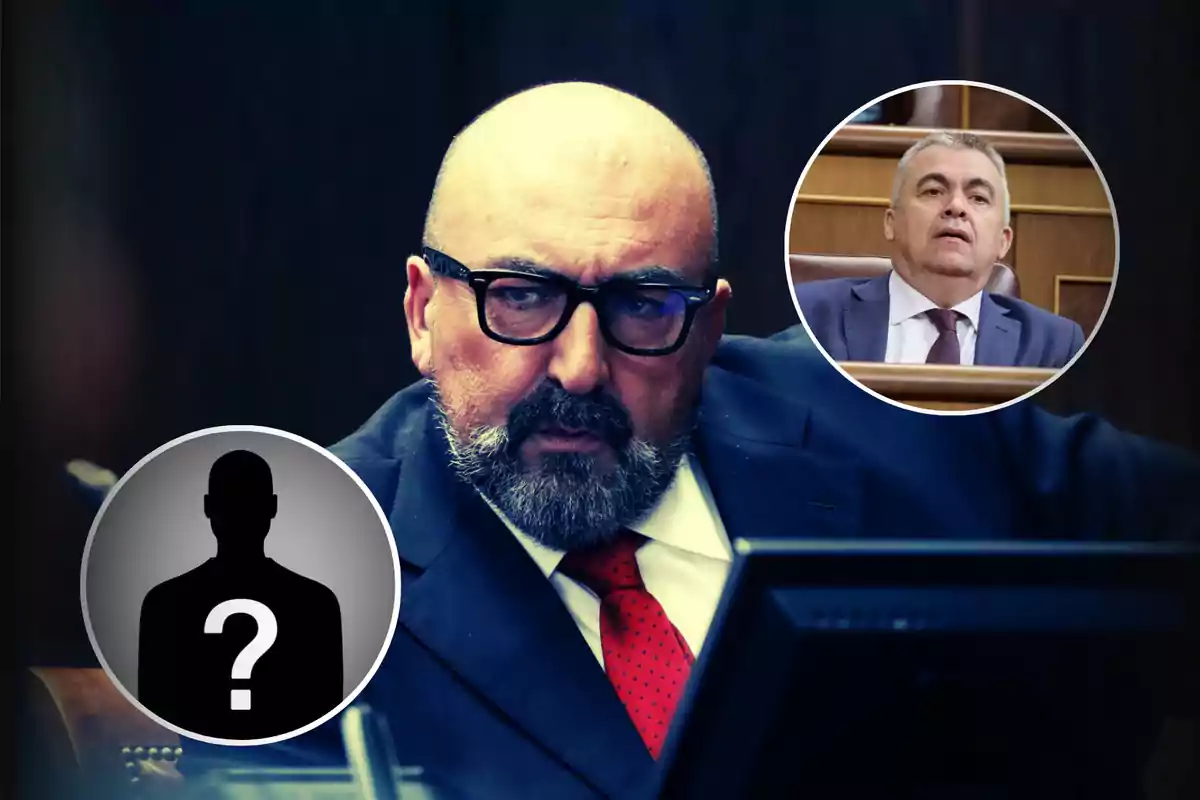 Un hombre con barba y gafas aparece en primer plano con dos círculos superpuestos que muestran a otro hombre y una silueta con un signo de interrogación.
