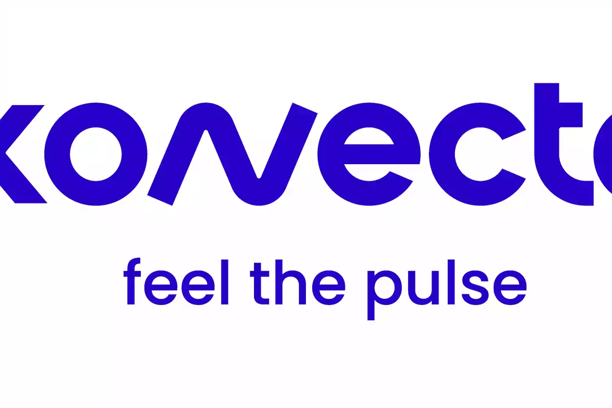 Logo de la marca "konecto" con el eslogan "feel the pulse" en letras azules.