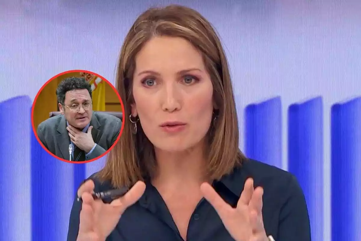 Una mujer hablando en un programa de televisión con un recuadro que muestra a un hombre con gafas y traje.