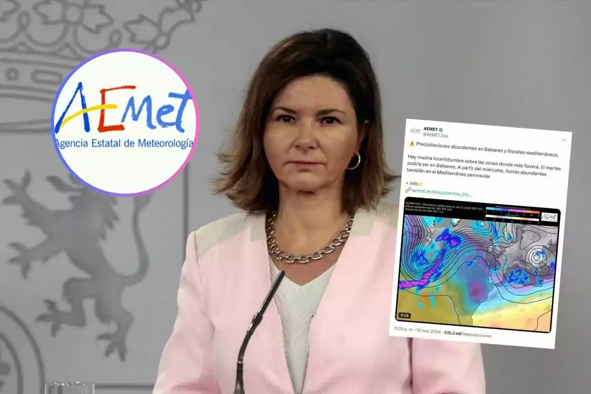 Una mujer en una conferencia de prensa con el logotipo de la Agencia Estatal de Meteorología y un gráfico del clima en la pantalla.