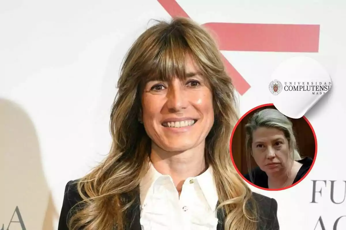 A smiling woman with long blonde hair at an event, with a Complutense University of Madrid logo and a box with another woman in the bottom right corner.