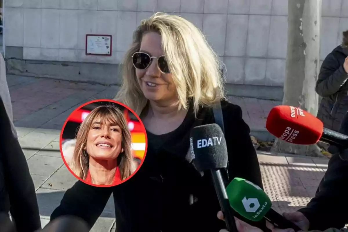 Una mujer con gafas de sol es entrevistada por varios medios de comunicación en la calle, con un recuadro que muestra a otra mujer sonriendo.