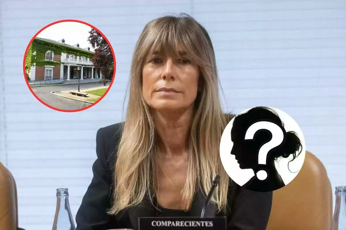 Una mujer con cabello largo y rubio está sentada frente a un micrófono con una expresión seria; en la imagen hay dos círculos, uno muestra un edificio cubierto de hiedra y el otro una silueta con un signo de interrogación.