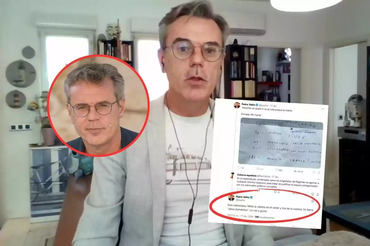 Un hombre con gafas y auriculares aparece en una videollamada desde una habitación con estanterías y decoración moderna. En la esquina inferior derecha, se muestra un tuit con una imagen de un papel escrito a mano. En la parte superior izquierda, hay un círculo rojo con la foto de otro hombre con gafas y un micrófono.