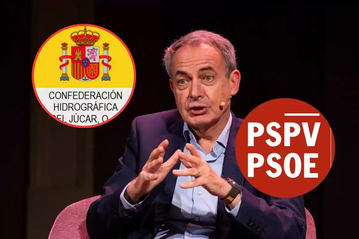 Un hombre hablando en un evento con logotipos de la Confederación Hidrográfica del Júcar y PSPV-PSOE.