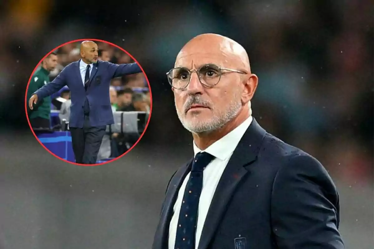 Un hombre calvo con gafas y barba canosa, vestido con traje y corbata, aparece en primer plano, mientras que en un círculo rojo se muestra a otro hombre calvo con chaqueta azul dando instrucciones en un evento deportivo.