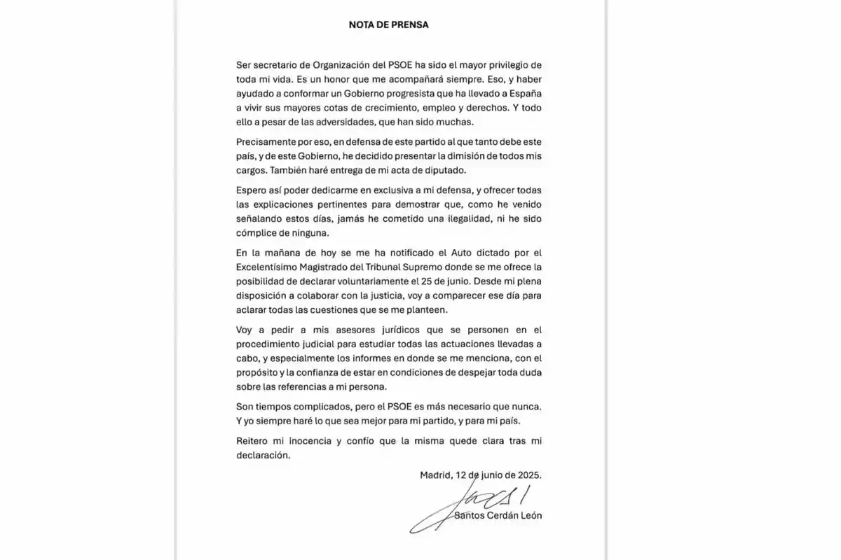 Comunicado oficial en el que Santos Cerdán León anuncia su dimisión de todos sus cargos en el PSOE y la entrega de su acta de diputado, reafirma su inocencia y expresa su disposición a colaborar con la justicia tras ser notificado por el Tribunal Supremo Comunicado oficial en el que Santos Cerdán León anuncia su dimisión de todos sus cargos en el PSOE y la entrega de su acta de diputado, reafirma su inocencia y expresa su disposición a colaborar con la justicia tras ser notificado por el Tribunal Supremo