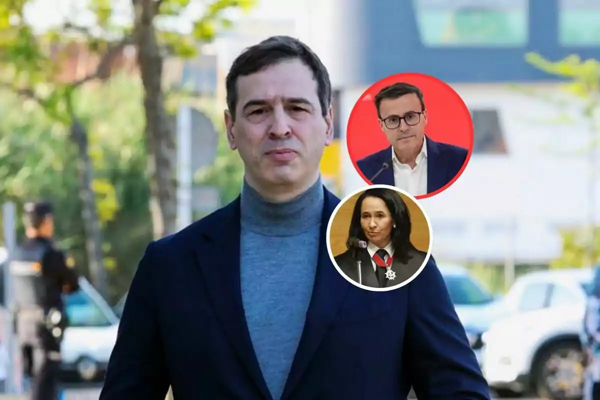 Hombre con suéter gris y saco azul en primer plano al aire libre con dos retratos circulares de un hombre con gafas y una mujer con toga judicial superpuestos en la esquina superior derecha