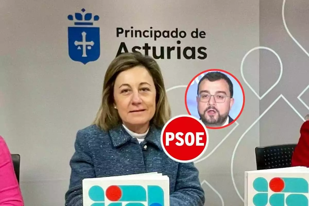 Mujer sentada en una mesa con carpetas, fondo con el logo del Principado de Asturias y un círculo rojo con las siglas PSOE y la imagen de un hombre
