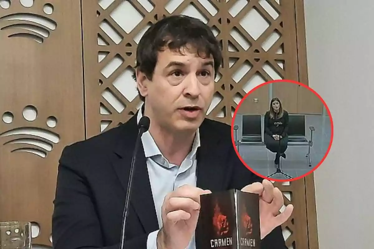 A man speaking into a microphone while holding a leaflet with the word "Carmen" and an inserted image of a woman sitting in a waiting room.