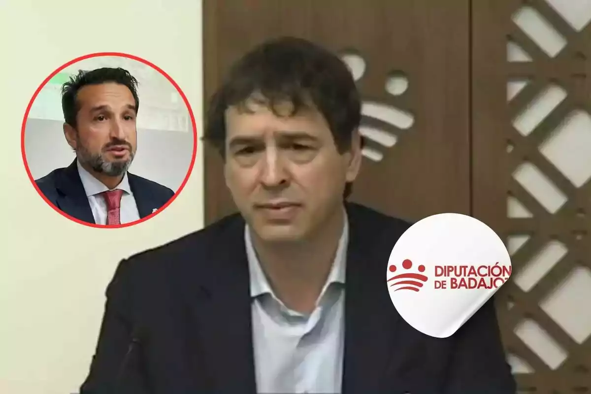 Dos hombres en una imagen, uno en primer plano y otro en un recuadro circular, con el logotipo de la Diputación de Badajoz.