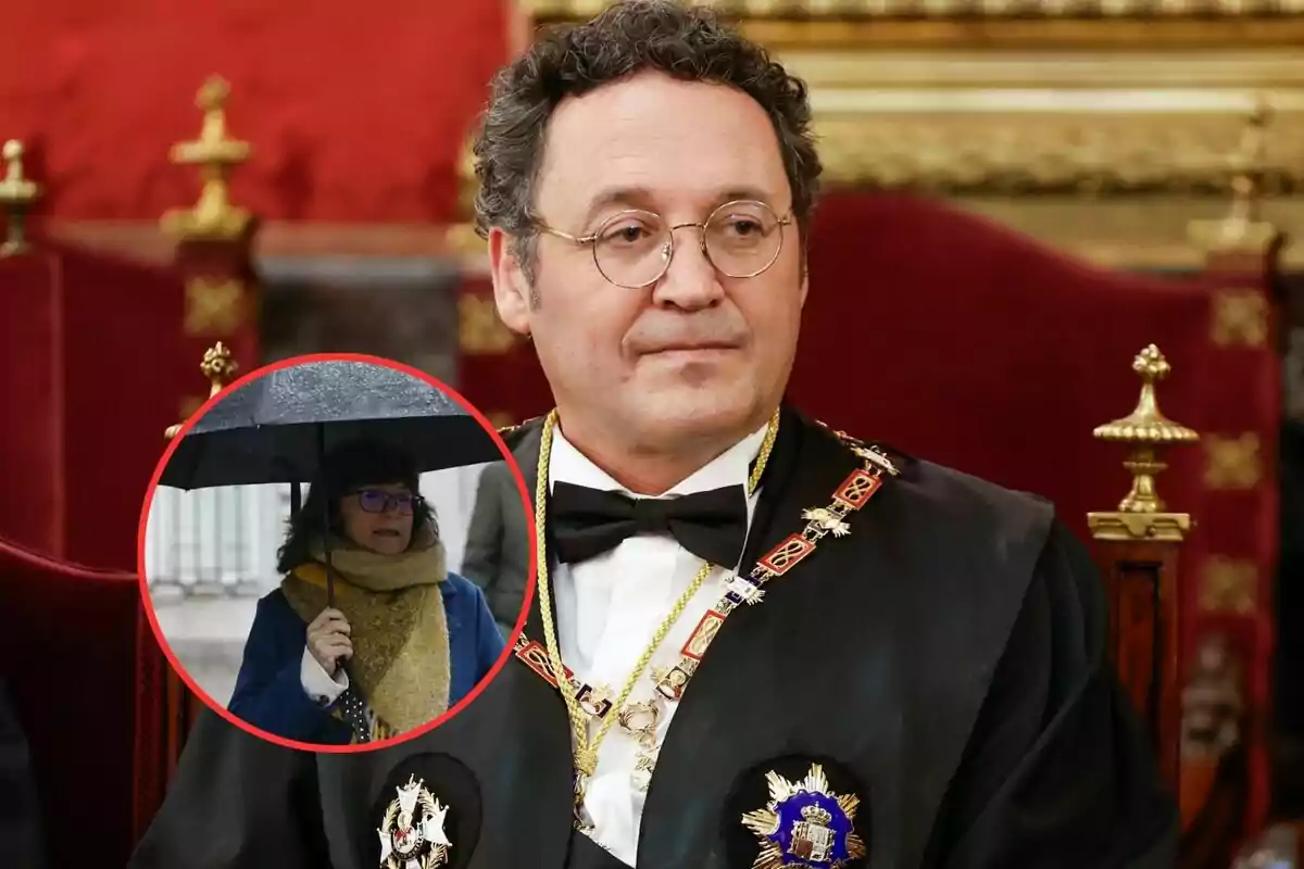 Un hombre con gafas y vestimenta formal con medallas y una mujer con paraguas en un recuadro circular.