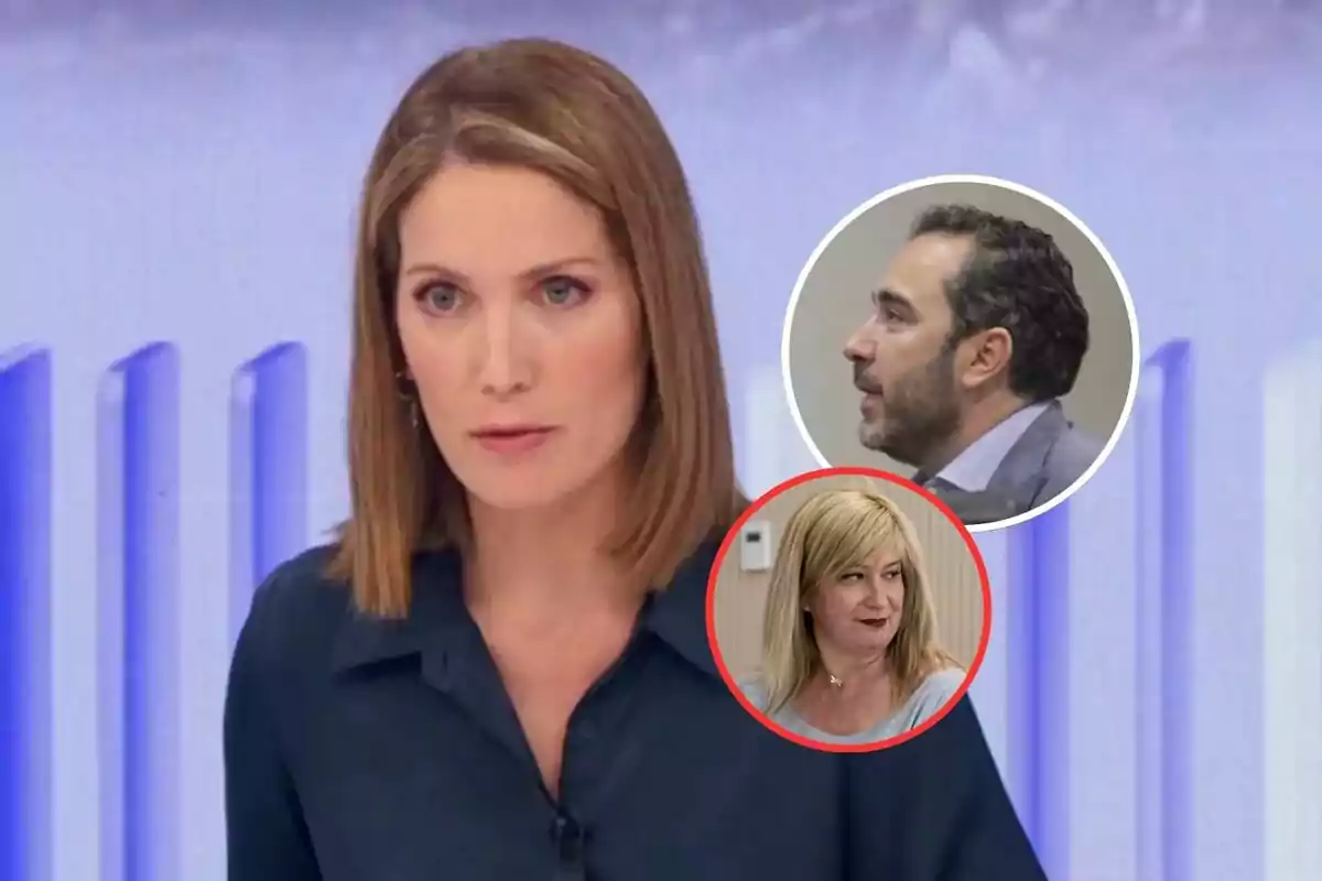 Mujer de cabello castaño y liso con camisa azul oscuro en primer plano, al fondo dos recuadros circulares muestran a un hombre de perfil y a una mujer rubia mirando hacia un lado