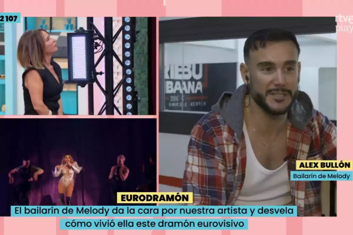 María Patiño observa una pantalla en un estudio, Alex Bullón con auriculares habla en una entrevista y Melody actúa en el escenario con bailarines. Captura de 'La Familia de la Tele' María Patiño observa una pantalla en un estudio, Alex Bullón con auriculares habla en una entrevista y Melody actúa en el escenario con bailarines. Captura de 'La Familia de la Tele'