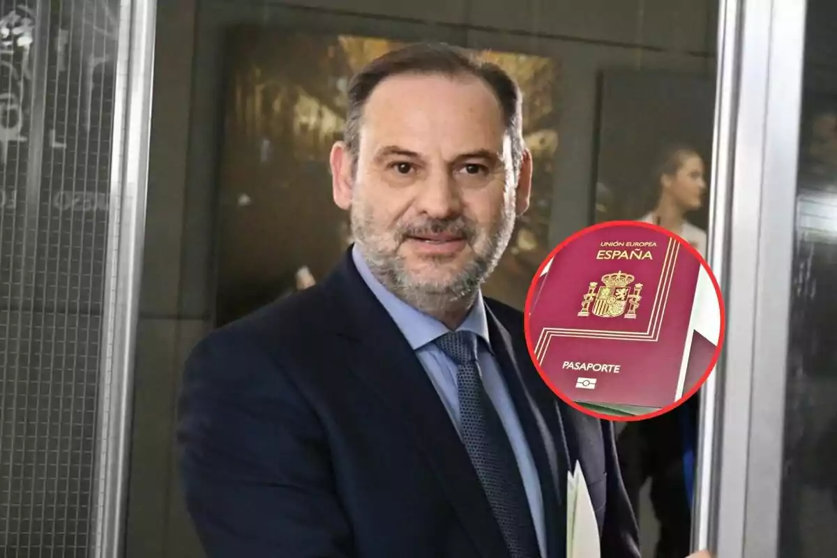 Un hombre con barba y traje oscuro sostiene documentos, con una imagen insertada de un pasaporte español.