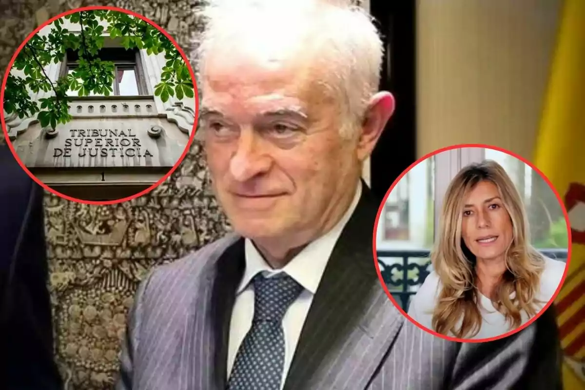 Un hombre mayor con cabello blanco y traje aparece en el centro de la imagen, con dos círculos rojos superpuestos; uno a la izquierda muestra la fachada de un edificio con la inscripción "Tribunal Superior de Justicia" y el otro a la derecha muestra a una mujer rubia.