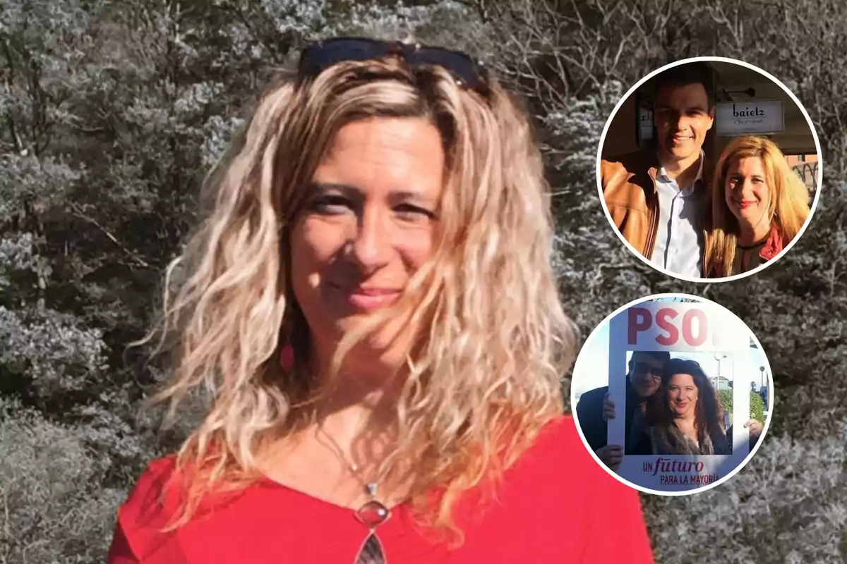 Mujer rubia con cabello rizado y vestido rojo al aire libre, con dos recuadros circulares mostrando fotos de ella con otras personas y un cartel del PSOE.