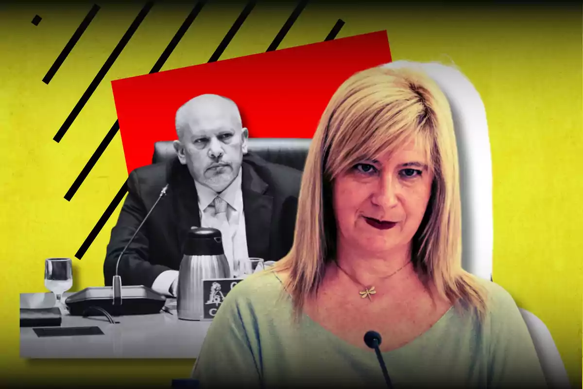 Mujer rubia en primer plano con expresión seria y hombre calvo de traje al fondo en una sala de reuniones sobre fondo amarillo con detalles gráficos en negro y rojo