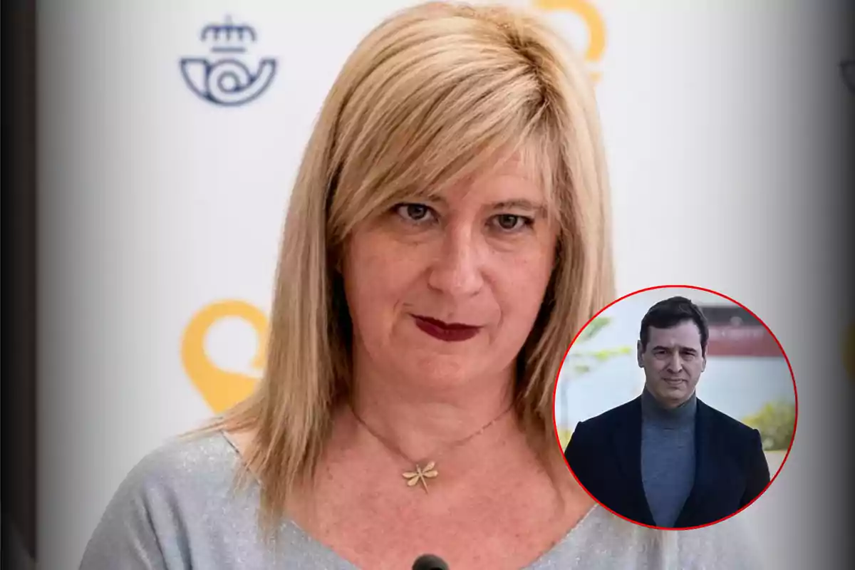 Mujer rubia de cabello lacio y suelto con collar de libélula al centro de la imagen y un hombre de cabello oscuro dentro de un círculo en la esquina inferior derecha