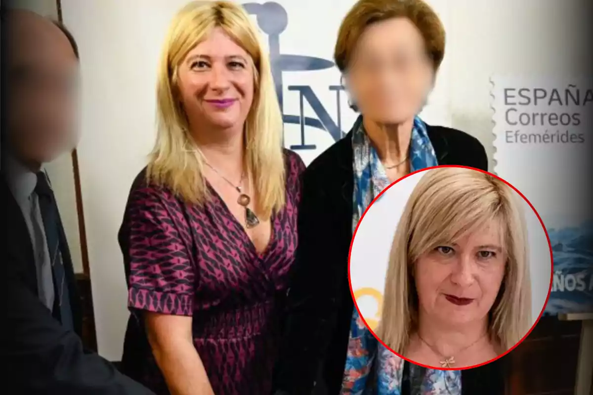 Una mujer rubia con vestido morado posa junto a otras personas con rostros desenfocados, mientras un recuadro muestra un primer plano de la misma mujer.