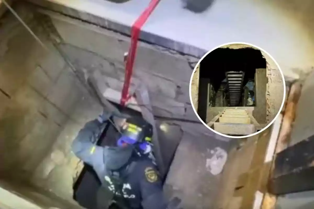 Un agente de policía desciende por un túnel subterráneo con una cuerda, mientras que un recuadro muestra una vista del interior del túnel con una escalera.