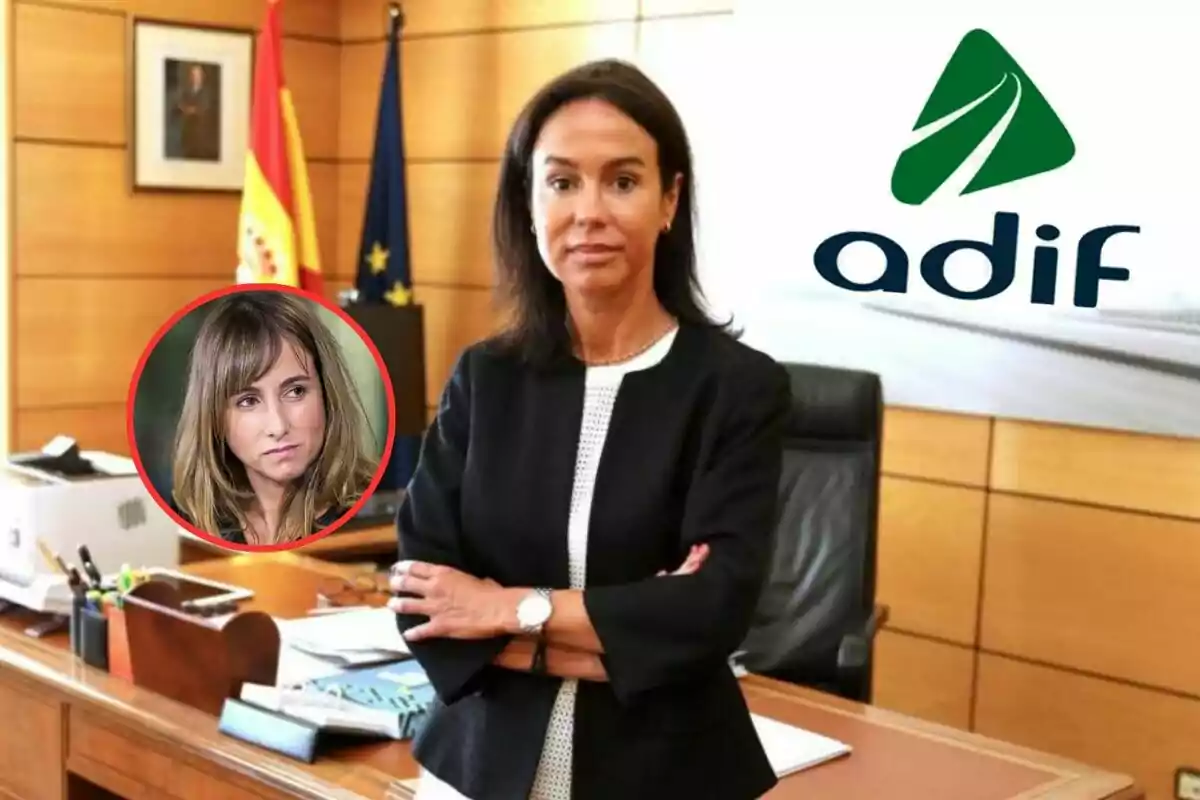 Una mujer de pie en una oficina con el logo de Adif en la pared y una bandera de España al fondo, con un recuadro que muestra a otra mujer.