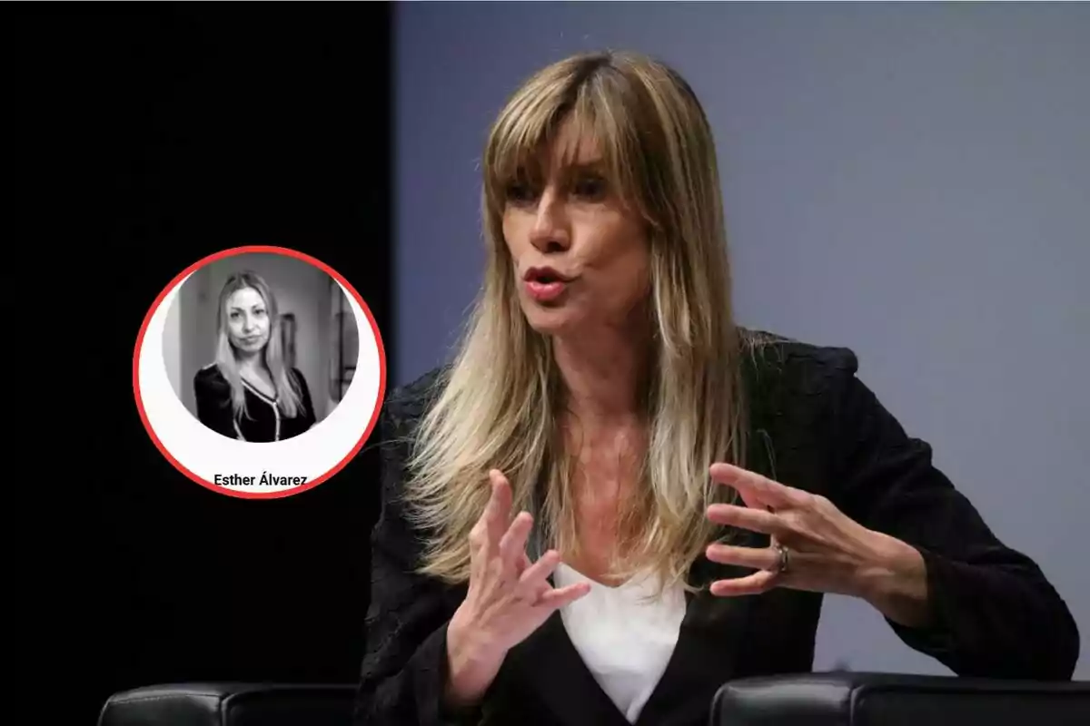 Una mujer hablando gesticulando con las manos, con una imagen en blanco y negro de otra mujer en un círculo en la esquina.