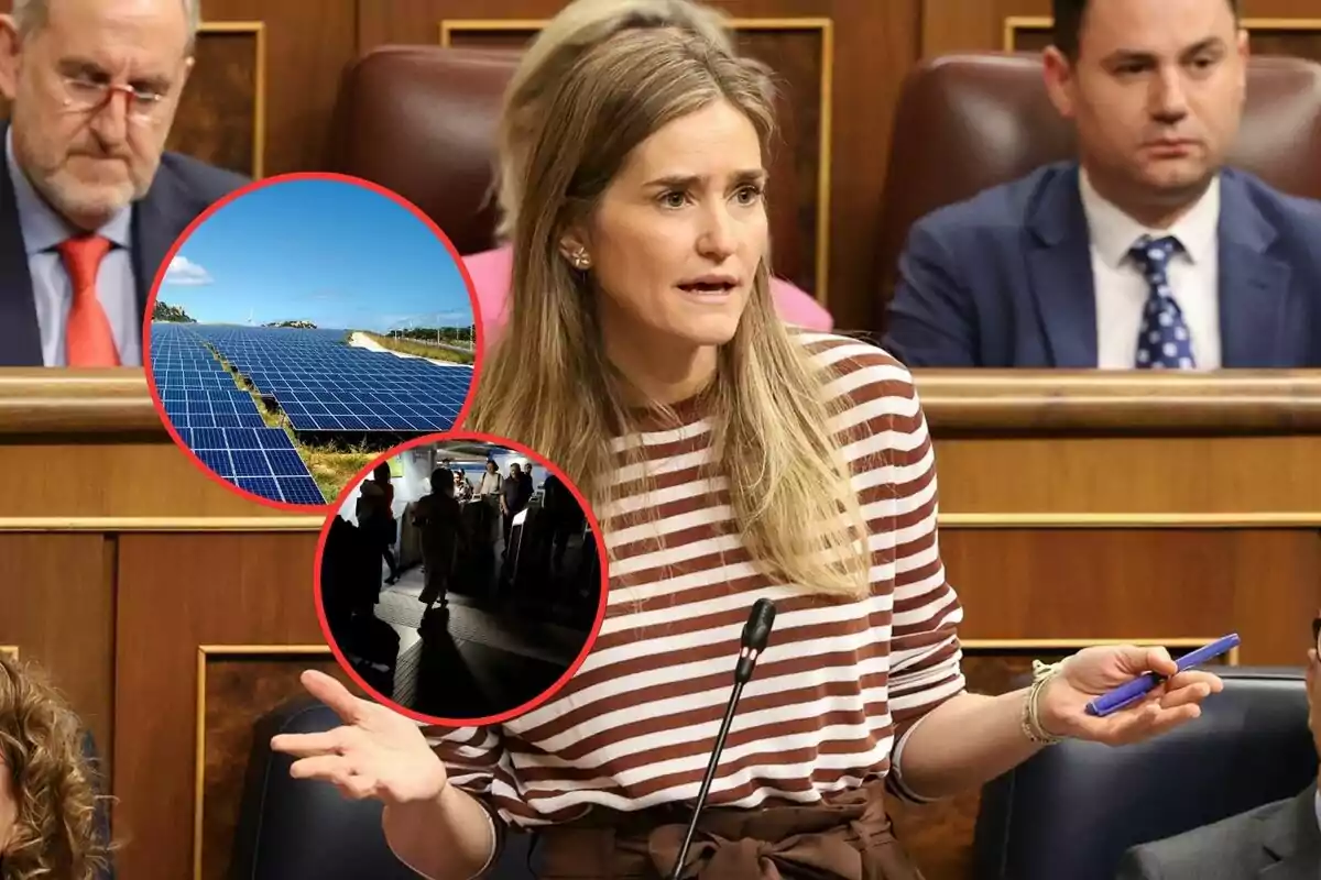 Una persona hablando en un parlamento con imágenes superpuestas de paneles solares y un grupo de personas en un pasillo.