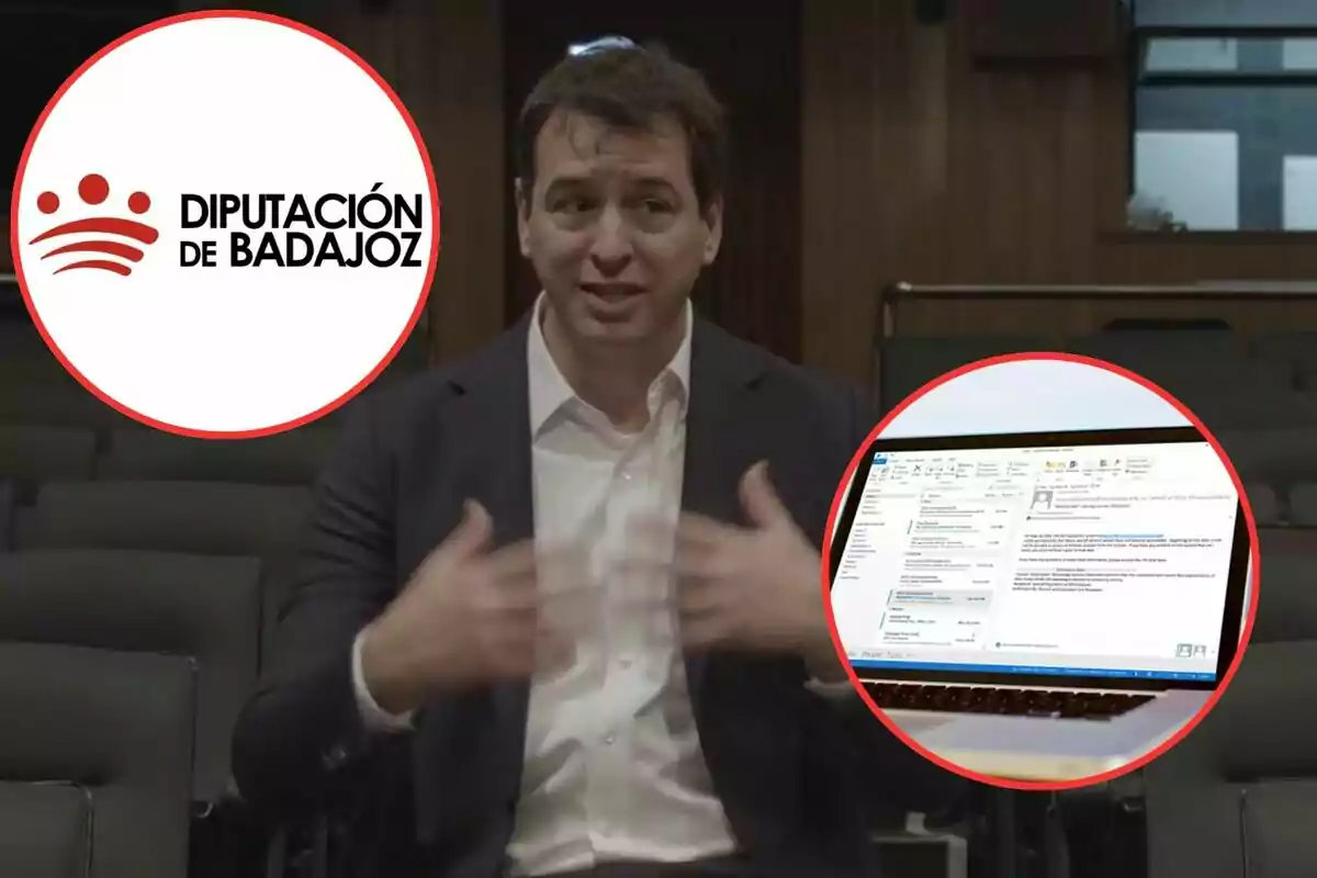 Un hombre hablando en una sala de conferencias con el logotipo de la Diputación de Badajoz y una imagen de una computadora portátil con un correo electrónico en la pantalla.