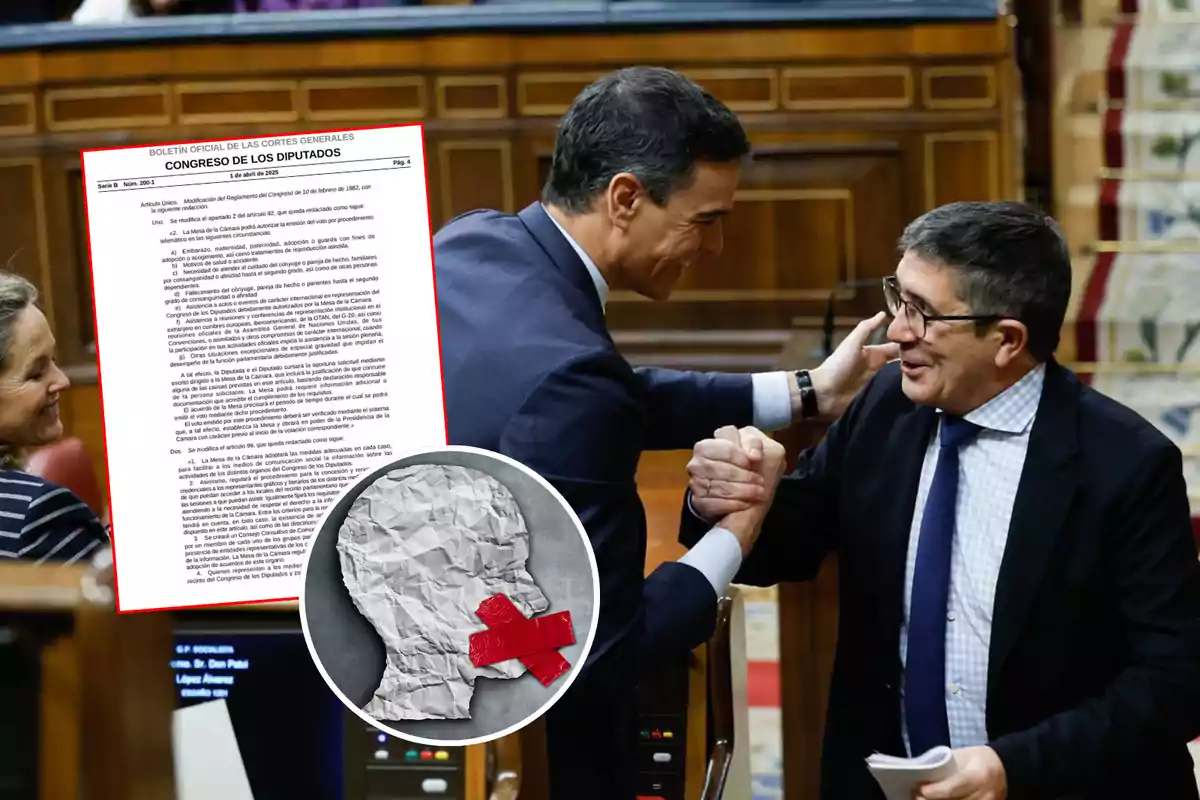 Un grupo de personas en un entorno formal se saludan cordialmente mientras se observa un documento oficial y una ilustración de una cabeza con una cinta roja en la boca.
