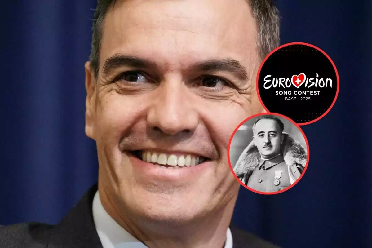 Un hombre sonriente con un gráfico superpuesto que muestra el logotipo de Eurovisión 2025 y una foto en blanco y negro de otra persona.