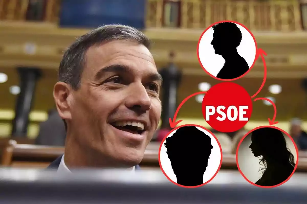 Un hombre sonriente en un entorno formal con gráficos de siluetas y el texto "PSOE" en círculos rojos.