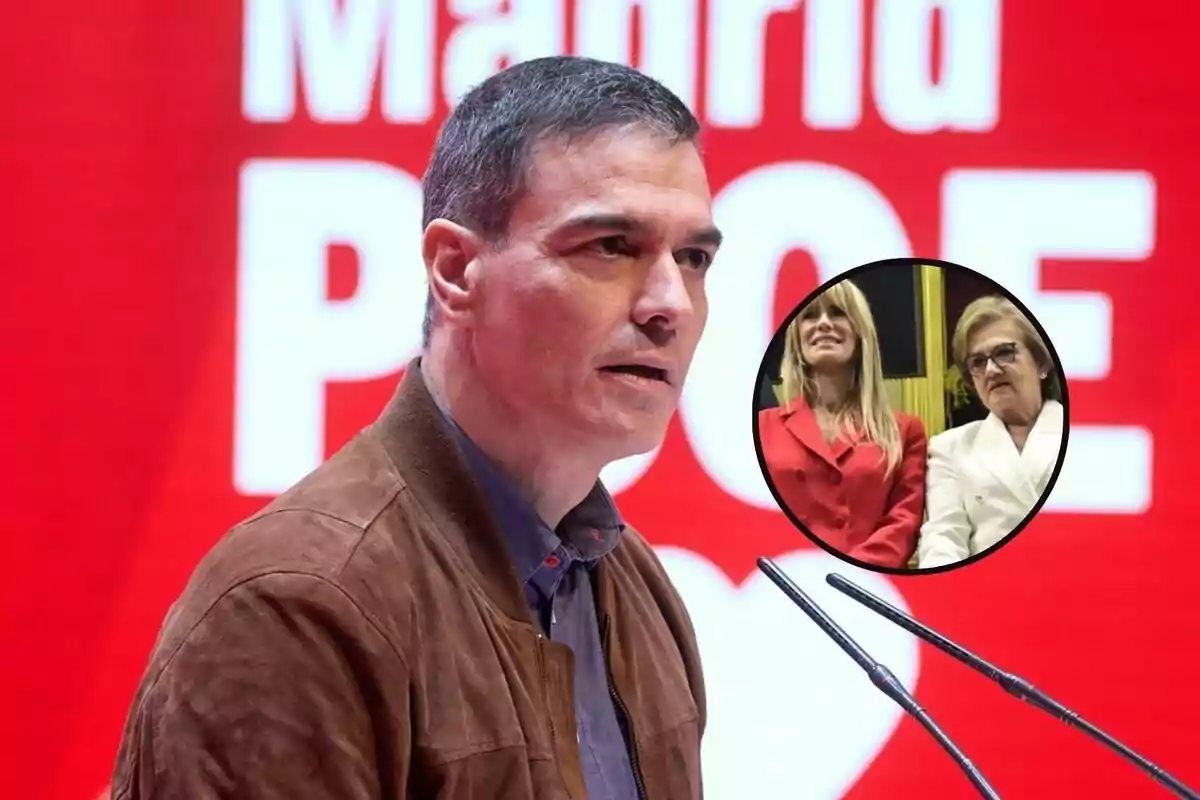 A man speaking at a podium with a red background that says "Madrid PSOE" and a circle showing two women.