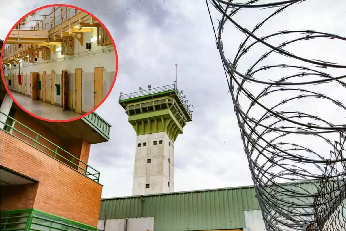 Vista de una prisión con una torre de vigilancia y alambre de púas, con un recuadro que muestra el interior de las celdas.