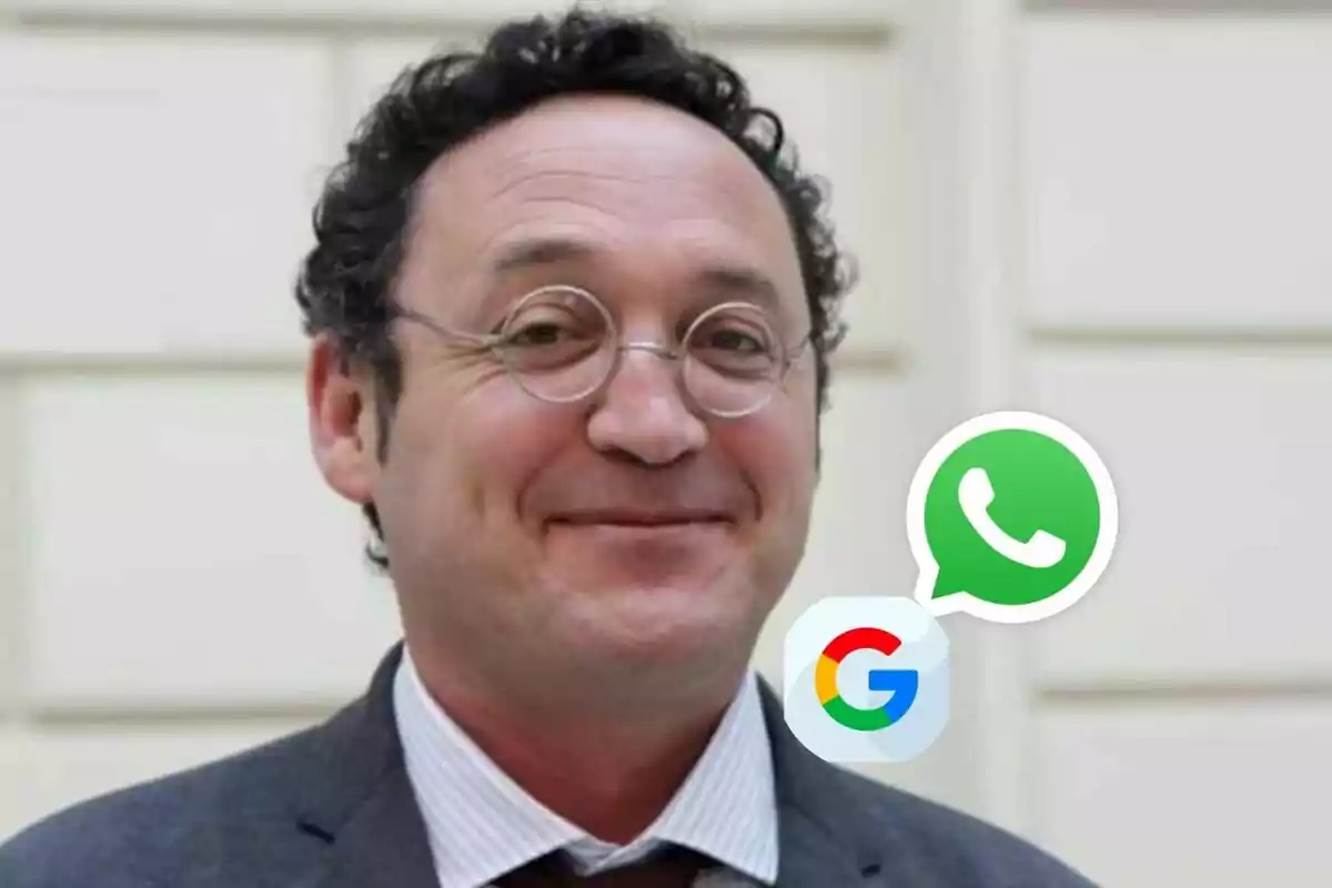 A man wearing glasses smiles as the WhatsApp and Google logos float near him.