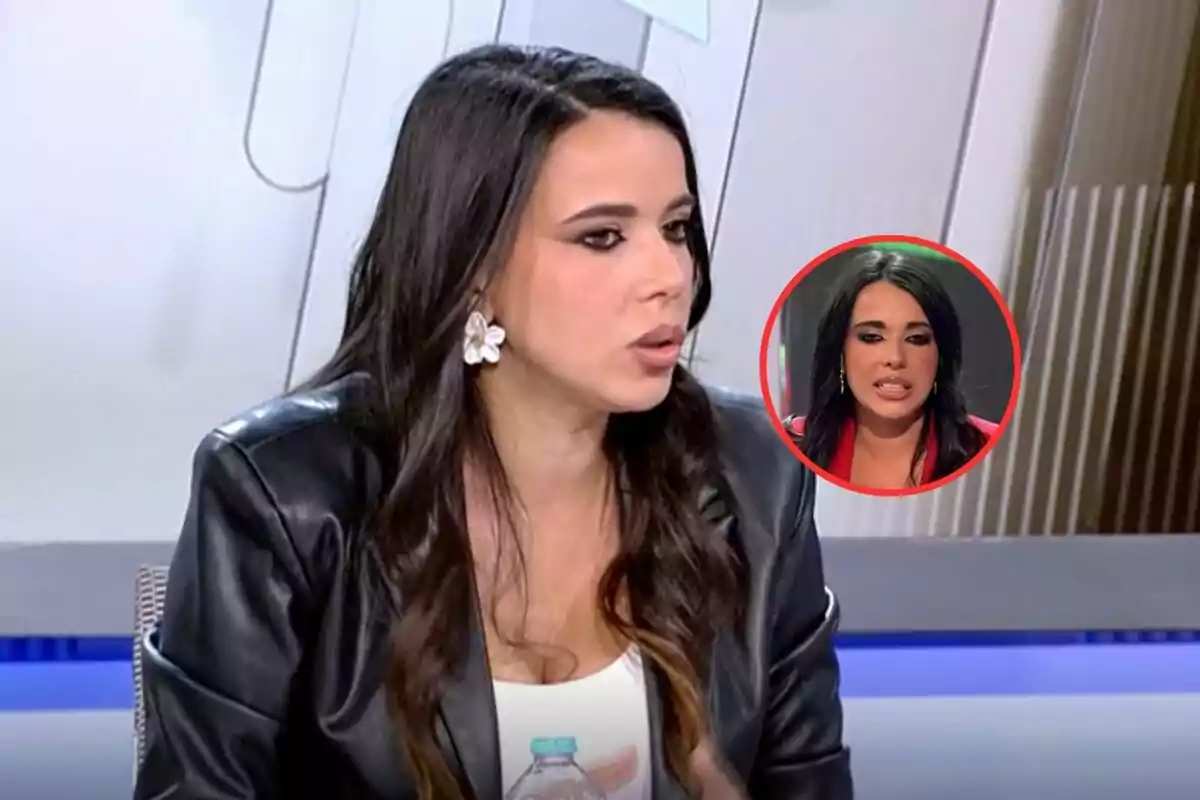 Una mujer con cabello oscuro y aretes grandes está hablando en un programa de televisión; en la esquina superior derecha hay un recuadro con otra imagen de la misma mujer haciendo una expresión diferente.