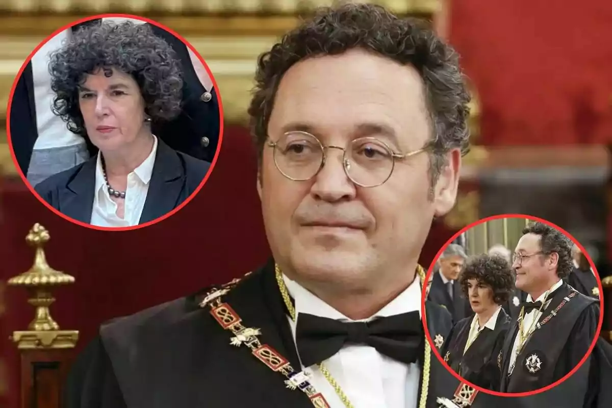 Una persona con gafas y vestimenta formal aparece en el centro de la imagen, mientras que dos recuadros circulares rojos muestran a otra persona con cabello rizado en diferentes situaciones.