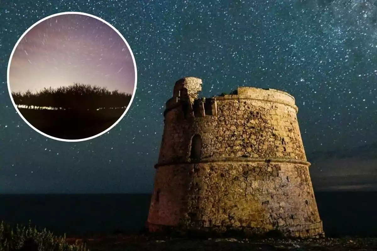 Torre de piedra antigua bajo un cielo estrellado con una imagen circular insertada que muestra un paisaje nocturno con árboles.