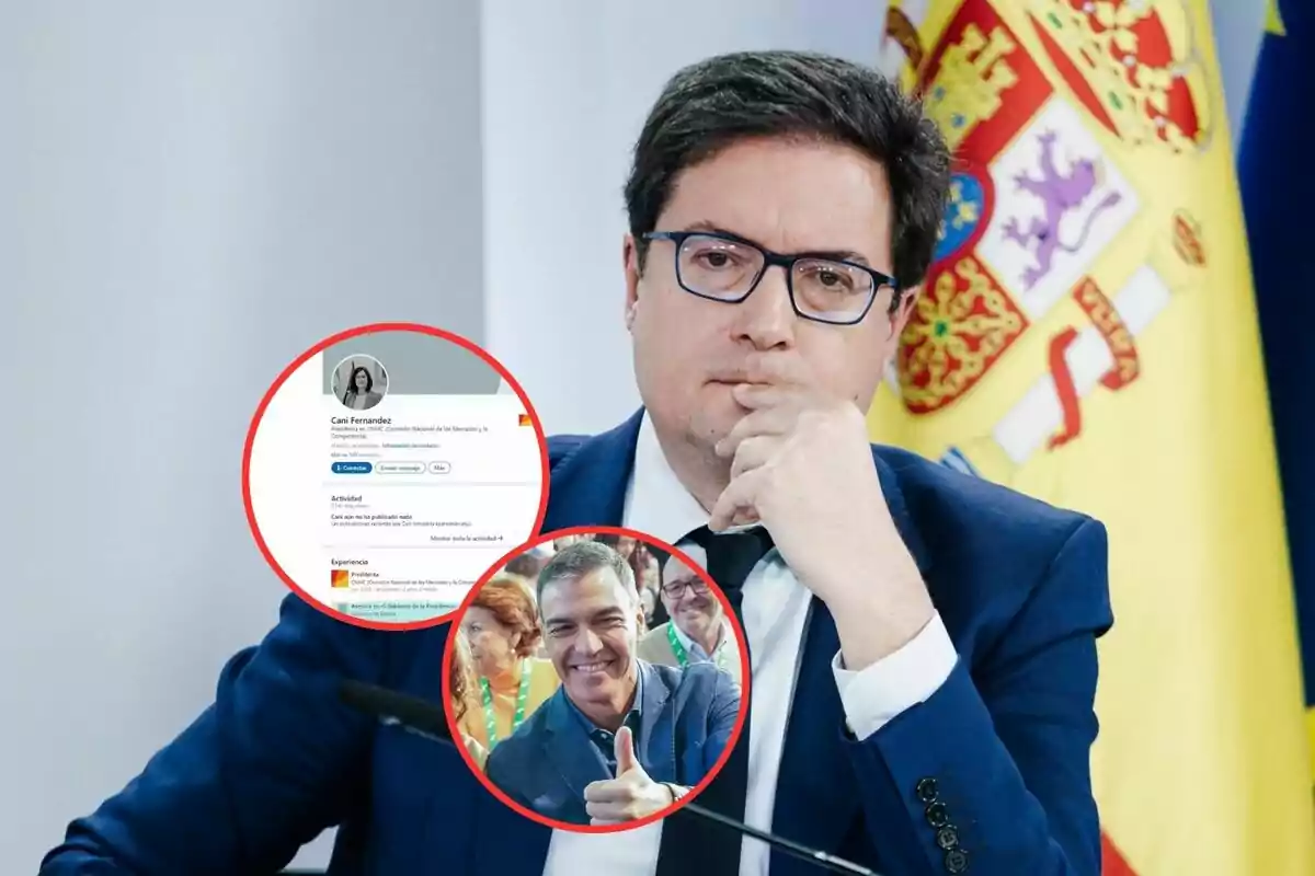 Un hombre con gafas y traje azul está sentado pensativo frente a una bandera, con dos imágenes circulares superpuestas que muestran un perfil de red social y a una persona sonriendo y levantando el pulgar.