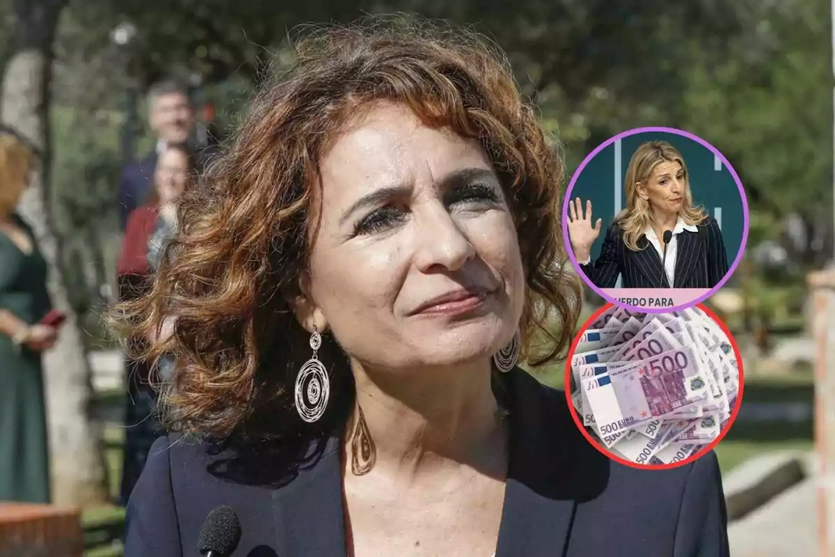 Una mujer con cabello rizado y pendientes grandes está al aire libre, con dos imágenes superpuestas que muestran a otra mujer hablando y varios billetes de 500 euros.